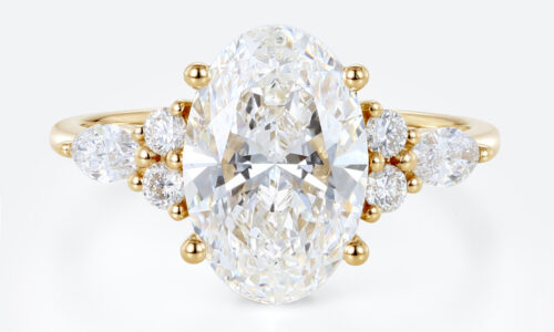 Oval 3 Carat Lab Grown Diamond Ring​ Vintage Cluster 4-Prong Engagement Ring in Yellow Gold