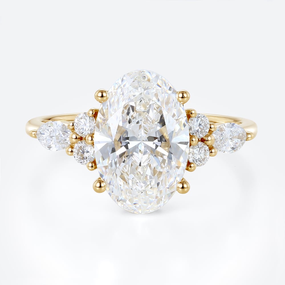 Oval 3 Carat Lab Grown Diamond Ring​ Vintage Cluster 4-Prong Engagement Ring in Yellow Gold