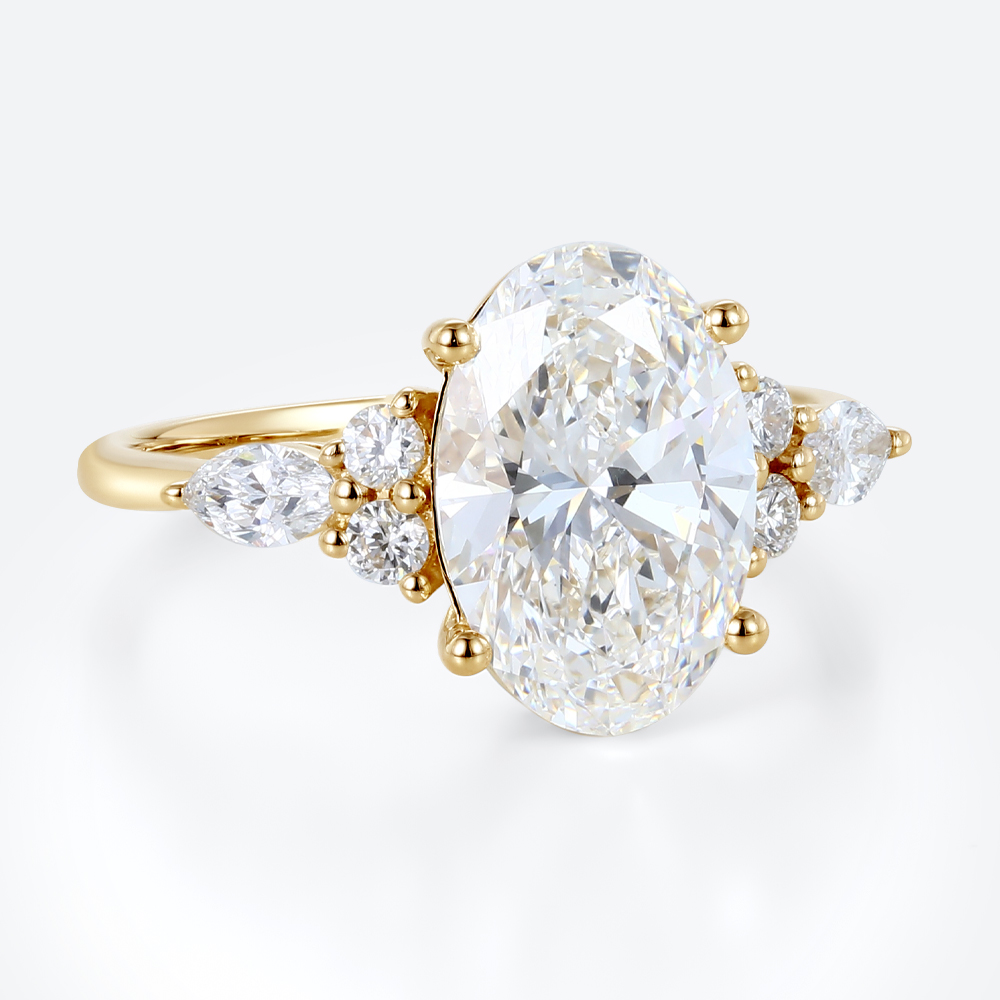 Oval 3 Carat Lab Grown Diamond Ring​ Vintage Cluster 4-Prong Engagement Ring in Yellow Gold