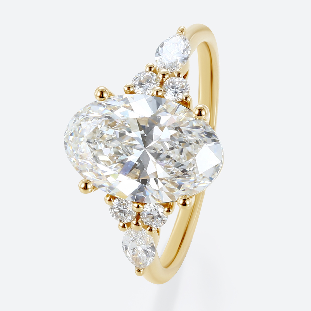 Oval 3 Carat Lab Grown Diamond Ring​ Vintage Cluster 4-Prong Engagement Ring in Yellow Gold