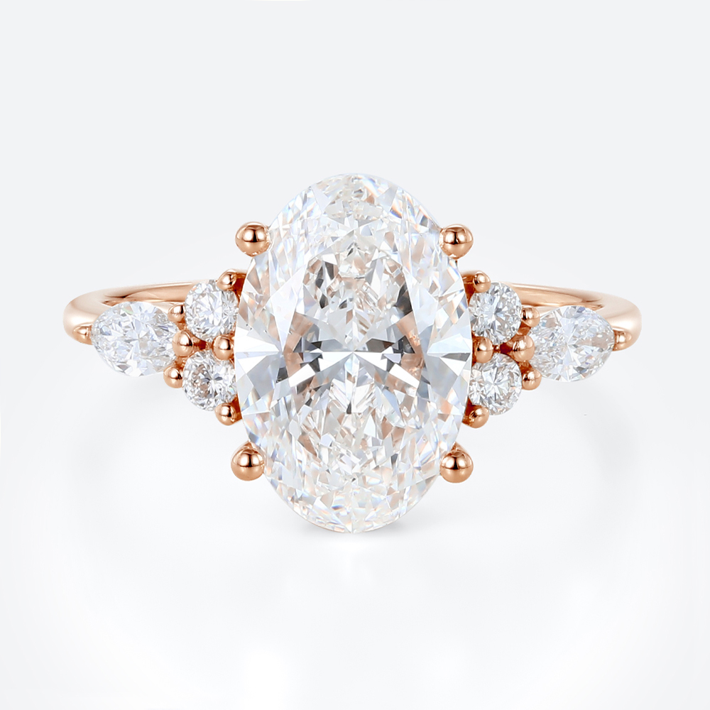 Oval 3 Carat Lab Grown Diamond Ring​ Vintage Cluster 4-Prong Engagement Ring in Rose Gold