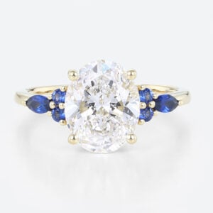3ct Oval Engagement Rings Lab Grown Diamonds with Sapphire Accents 4-Prong Engagement Ring in Yellow Gold