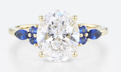3ct Oval Engagement Rings Lab Grown Diamonds with Sapphire Accents 4-Prong Engagement Ring in Yellow Gold