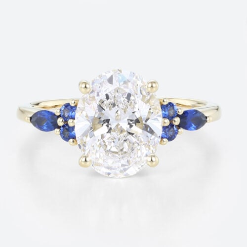 3ct Oval Engagement Rings Lab Grown Diamonds with Sapphire Accents 4-Prong Engagement Ring in Yellow Gold
