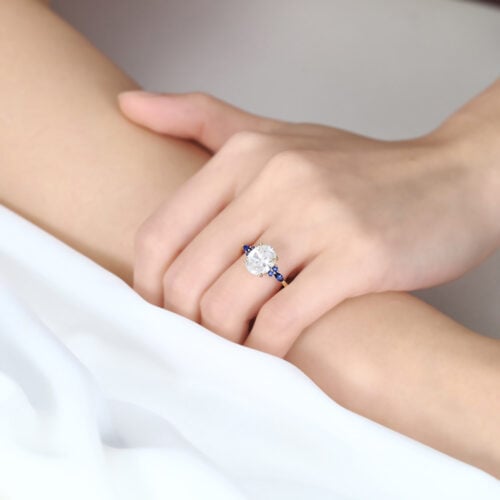 3ct Oval Engagement Rings Lab Grown Diamonds with Sapphire Accents 4-Prong Engagement Ring in Yellow Gold