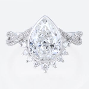 3ct Pear Cut Lab Diamond Rings​ Twisting Pave Band Bezel Setting Engagement Ring in White Gold