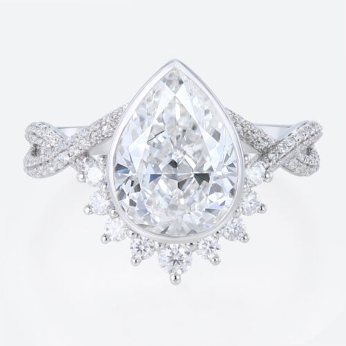 3ct Pear Cut Lab Diamond Rings Twisting Pave Band Bezel Setting Engagement Ring in White Gold