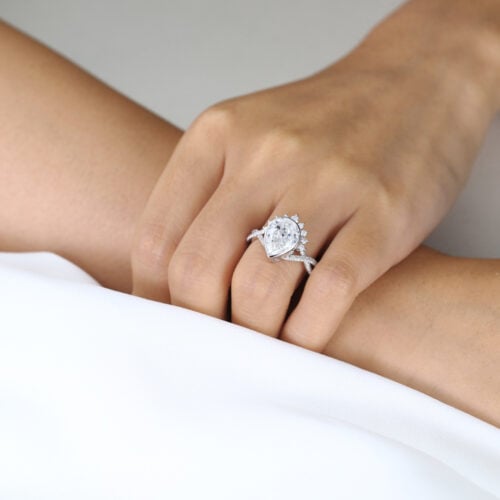 3ct Pear Cut Lab Diamond Rings Twisting Pave Band Bezel Setting Engagement Ring in White Gold