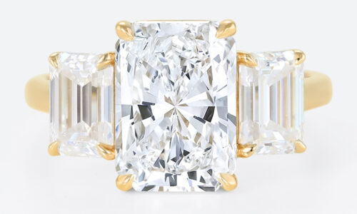 3ct Radiant Cut Lab Diamond Ring​ Classic Three-Stone 4-Prong Engagement Ring in Yellow Gold