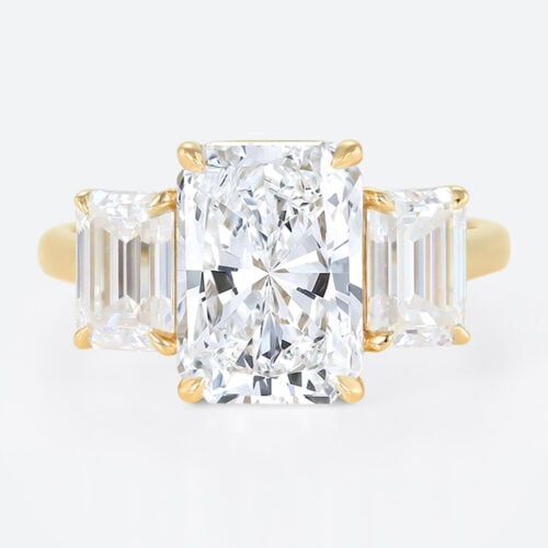 3ct Radiant Cut Lab Diamond Ring​ Classic Three-Stone 4-Prong Engagement Ring in Yellow Gold