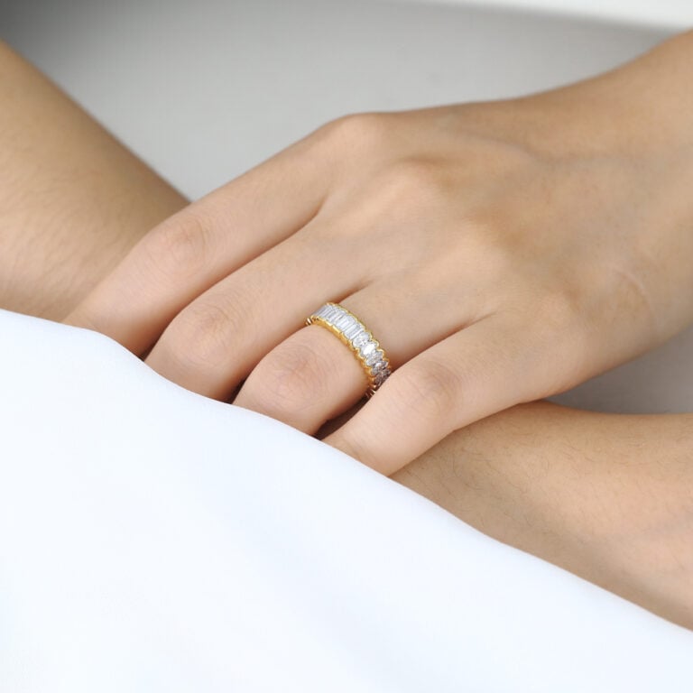 Lab Diamond Rings Eternity Rings​ 3ct Emerald Oval Cut Art Deco Eternity Wedding Band in Two-Tone Gold