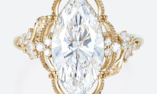 4ct Lab Diamond Ring​ Marquise Cut Vintage Tendril Cluster 8-Prong Engagement Ring in Yellow Gold