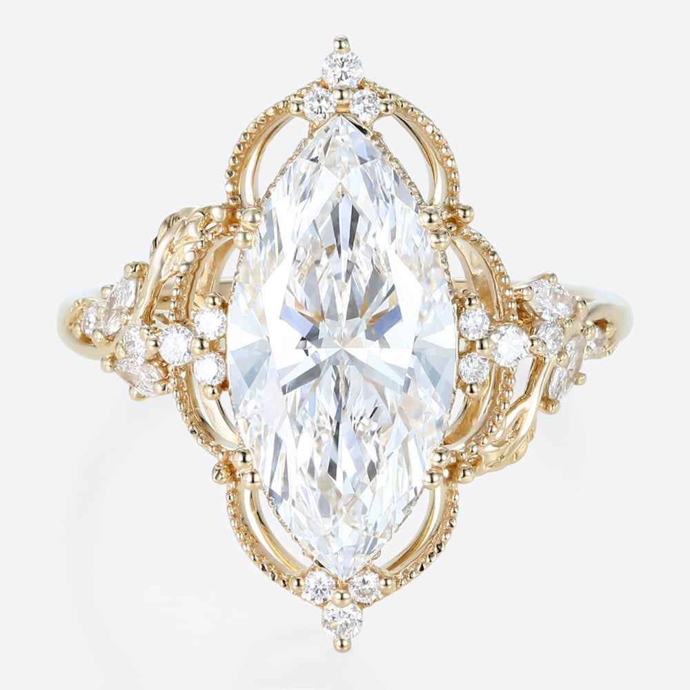 4ct Lab Diamond Ring​ Marquise Cut Vintage Tendril Cluster 8-Prong Engagement Ring in Yellow Gold