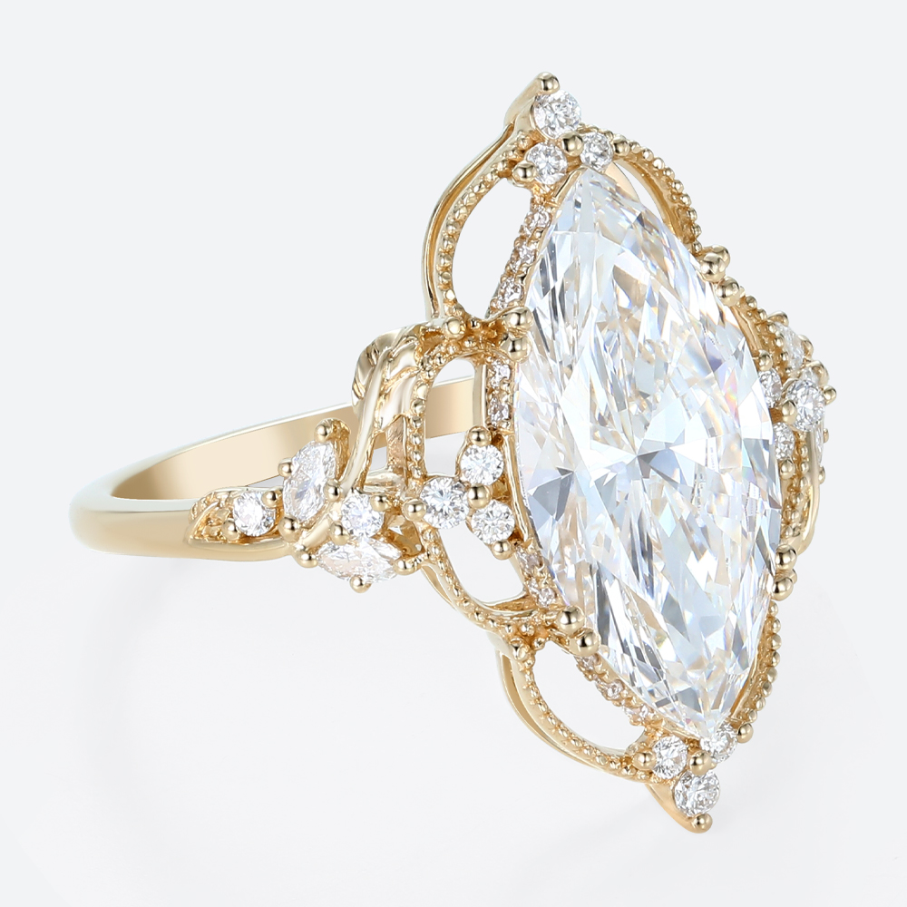 4ct Lab Diamond Ring​ Marquise Cut Vintage Tendril Cluster 8-Prong Engagement Ring in Yellow Gold