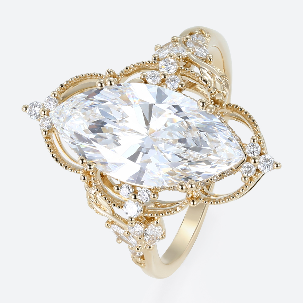 4ct Lab Diamond Ring​ Marquise Cut Vintage Tendril Cluster 8-Prong Engagement Ring in Yellow Gold