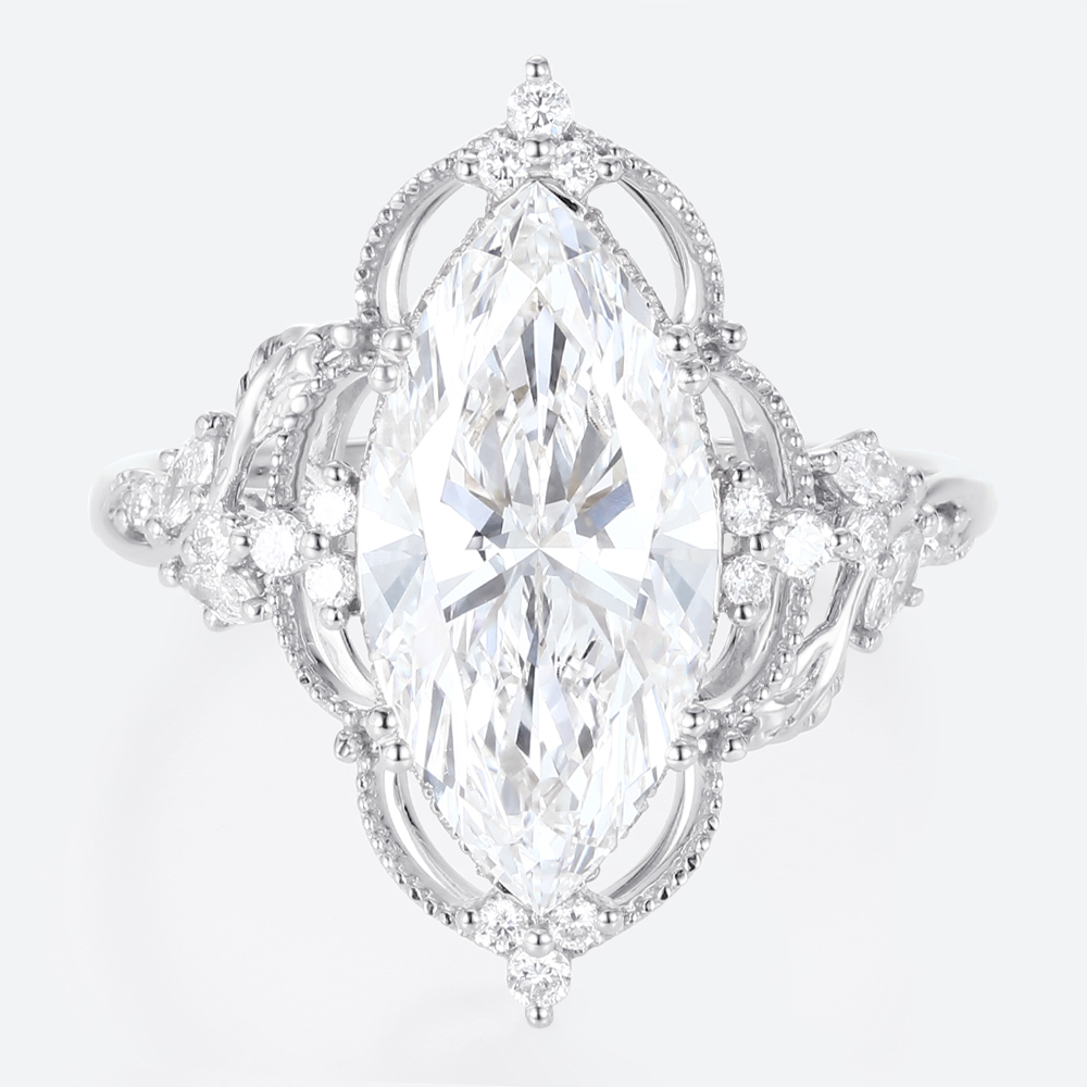 4ct Lab Diamond Ring​ Marquise Cut Vintage Tendril Cluster 8-Prong Engagement Ring in White Gold