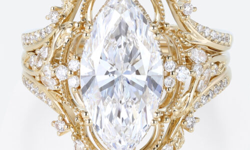 4ct Lab Diamond Ring​ Set Marquise Vintage Vine 8-Prong Bridal Ring Set in Yellow Gold