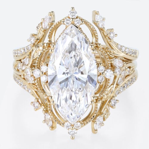 4ct Lab Diamond Ring​ Set Marquise Vintage Vine 8-Prong Bridal Ring Set in Yellow Gold