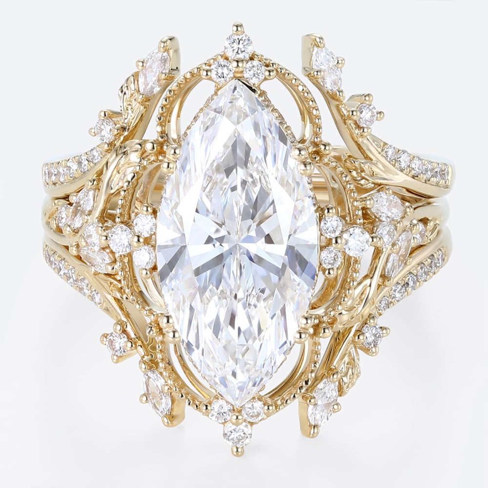 4ct Lab Diamond Ring​ Set Marquise Vintage Vine 8-Prong Bridal Ring Set in Yellow Gold