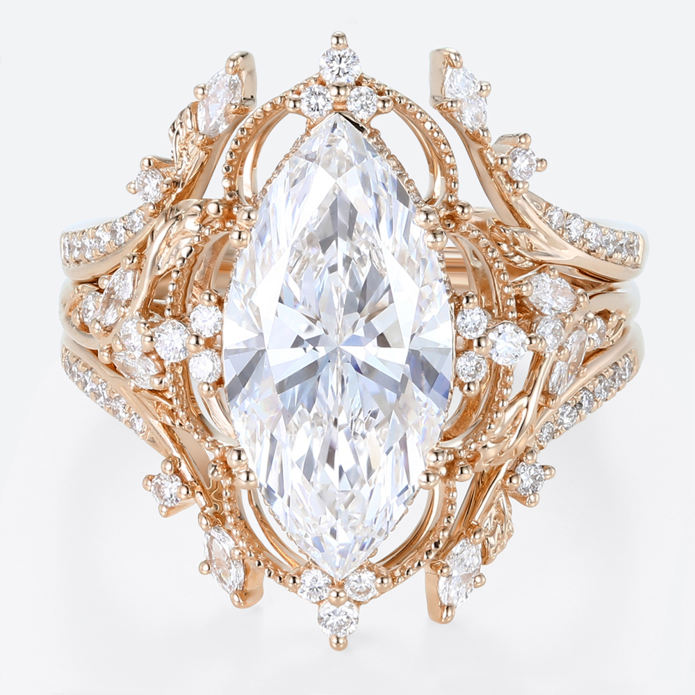 4ct Lab Diamond Ring​ Set Marquise Vintage Vine 8-Prong Bridal Ring Set in Rose Gold