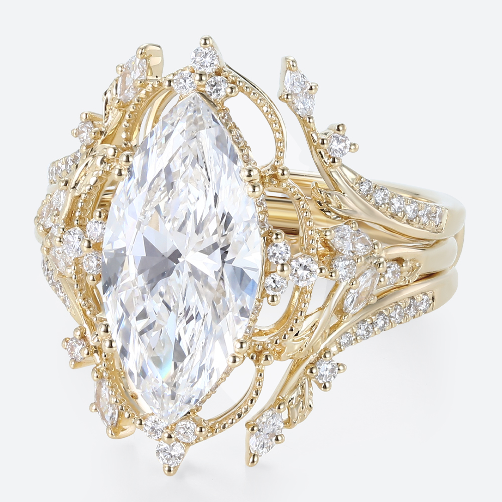 4ct Lab Diamond Ring​ Set Marquise Vintage Vine 8-Prong Bridal Ring Set in Yellow Gold