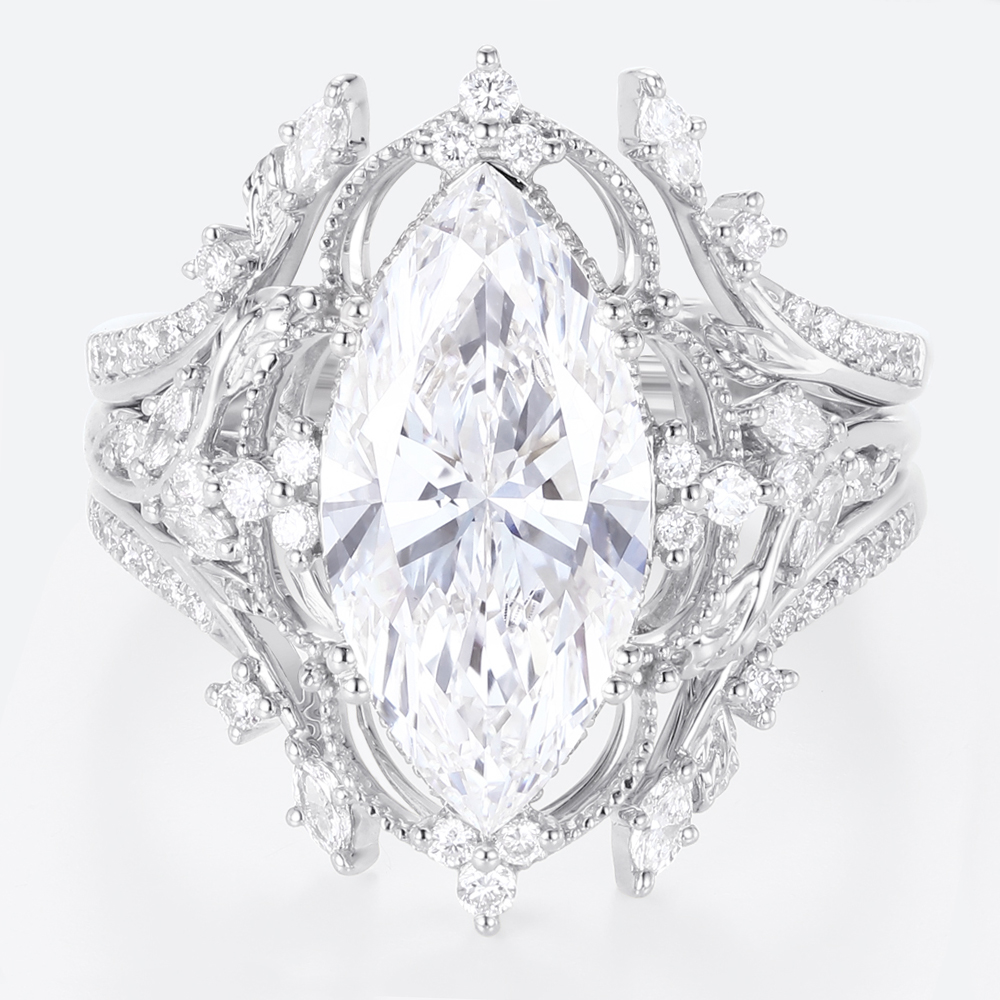 4ct Lab Diamond Ring​ Set Marquise Vintage Vine 8-Prong Bridal Ring Set in White Gold