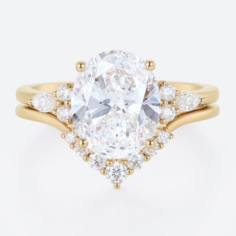 4ct Oval Cut Lab Diamond Ring​ Set Vintage 4-Prong Bridal Ring Set in Yellow Gold