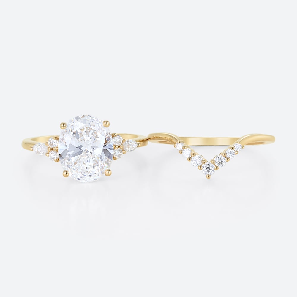 4ct Oval Cut Lab Diamond Ring​ Set Vintage 4-Prong Bridal Ring Set in Yellow Gold