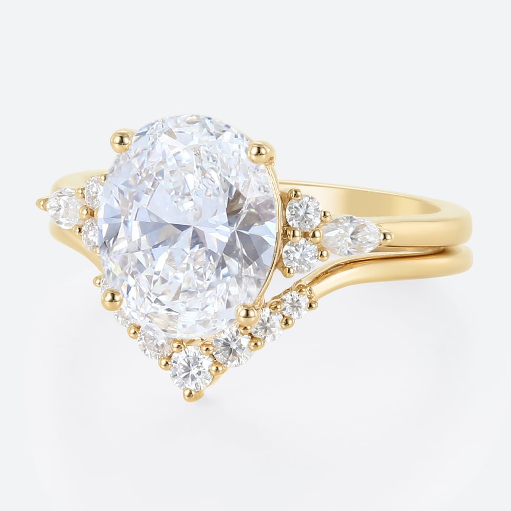 4ct Oval Cut Lab Diamond Ring​ Set Vintage 4-Prong Bridal Ring Set in Yellow Gold