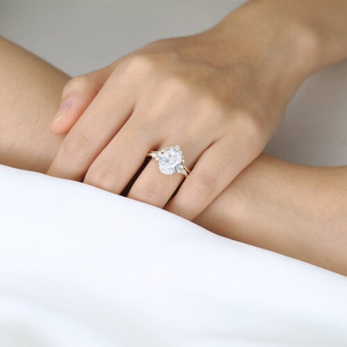 4ct Oval Cut Lab Diamond Ring​ Set Vintage 4-Prong Bridal Ring Set in Yellow Gold