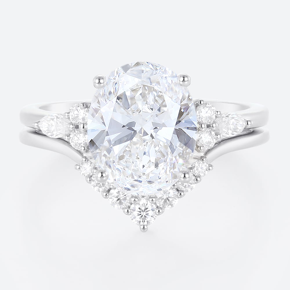 4ct Oval Cut Lab Diamond Ring​ Set Vintage 4-Prong Bridal Ring Set in White Gold