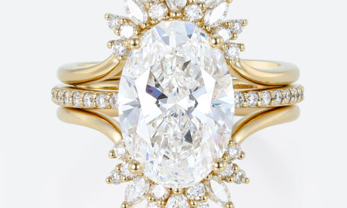 4ct Oval Lab Diamond Ring Set Vintage Trio 4-Prong Bridal Ring Set in Yellow Gold