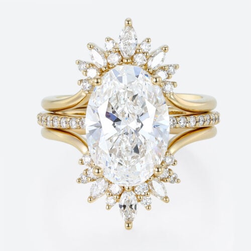 4ct Oval Lab Diamond Ring Set Vintage Trio 4-Prong Bridal Ring Set in Yellow Gold