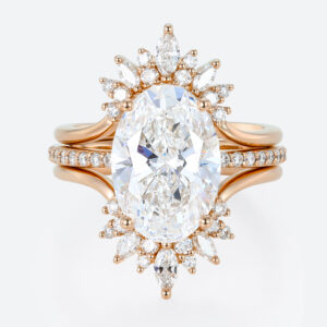 4ct Oval Lab Diamond Ring Set Vintage Trio 4-Prong Bridal Ring Set in Rose Gold