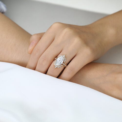 4ct Oval Lab Diamond Ring Set Vintage Trio 4-Prong Bridal Ring Set in Yellow Gold