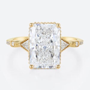 4ct Radiant Cut Lab Diamond Engagement Rings Milgrain Edging 4-Prong Engagement Ring in Yellow Gold