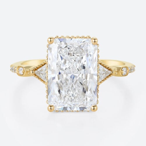 4ct Radiant Cut Lab Diamond Engagement Rings Milgrain Edging 4-Prong Engagement Ring in Yellow Gold