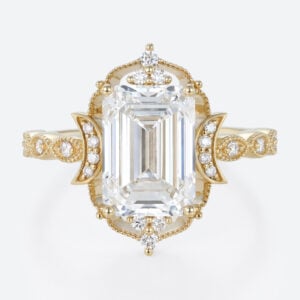 5ct Emerald Cut Lab Diamond Ring​ Art Deco Vintage 4-Prong Rings in Yellow Gold