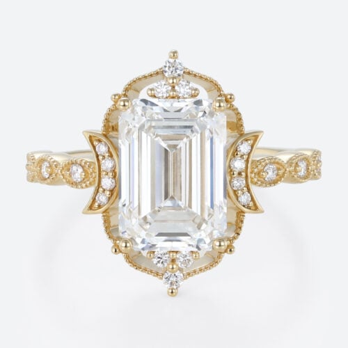 5ct Emerald Cut Lab Diamond Ring​ Art Deco Vintage 4-Prong Rings in Yellow Gold