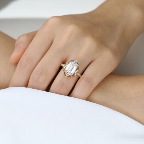 5ct Emerald Cut Lab Diamond Ring​ Art Deco Vintage 4-Prong Rings in Yellow Gold