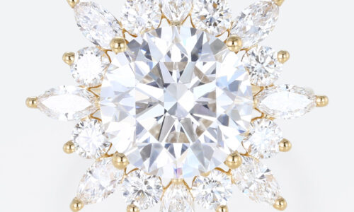 5ct Lab Diamond Ring Round Cut Sunburst Halo 4-Prong Bridal Ring in Yellow Gold