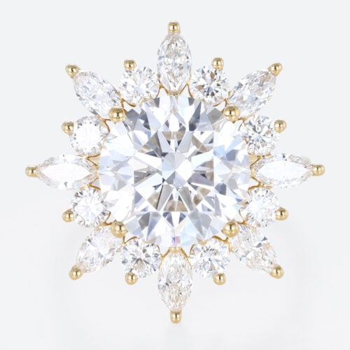 5ct Lab Diamond Ring Round Cut Sunburst Halo 4-Prong Bridal Ring in Yellow Gold