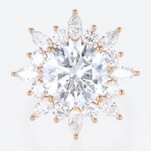 5ct Lab Diamond Ring Round Cut Sunburst Halo 4-Prong Bridal Ring in Rose Gold