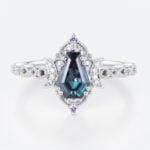 Lab Alexandrite Ring​ Coffin Shaped Crescent Moon Gothic Engagement Ring in White Gold