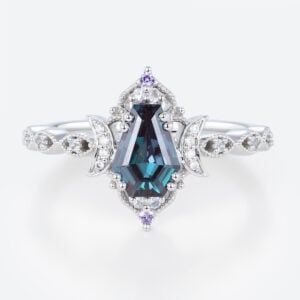 Lab Alexandrite Ring​ Coffin Shaped Crescent Moon Gothic Engagement Ring in White Gold