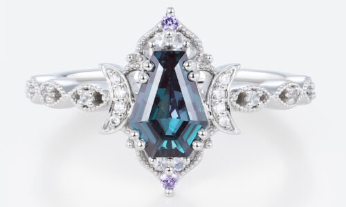 Lab Alexandrite Ring​ Coffin Shaped Crescent Moon Gothic Engagement Ring in White Gold