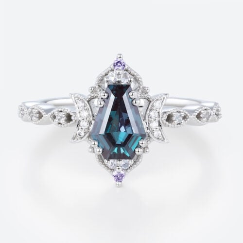 Lab Alexandrite Ring​ Coffin Shaped Crescent Moon Gothic Engagement Ring in White Gold