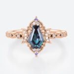 Lab Alexandrite Ring​ Coffin Shaped Crescent Moon Gothic Engagement Ring in Rose Gold