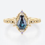 Lab Alexandrite Ring​ Coffin Shaped Crescent Moon Gothic Engagement Ring in White Gold