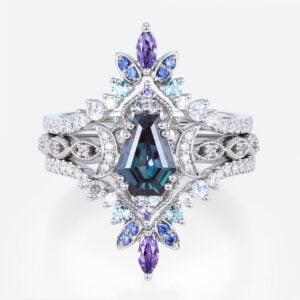 Lab Alexandrite Ring Set with Crescent Moons and Multicolor Accents in White Gold